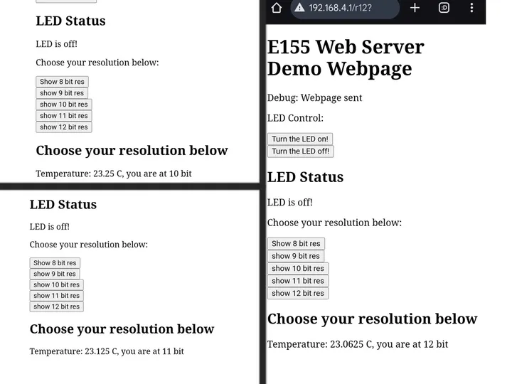 The web page showing temperature readings at different resolutions